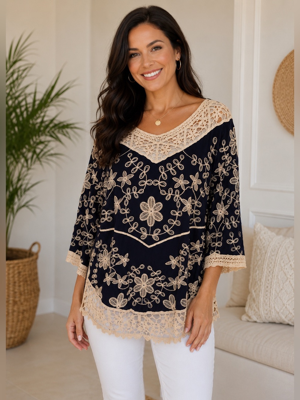SOLITAIRE CROCHETED  & EMBROIDERED W/ LACE BLOUSE TOP FLORAL PRINT BLUE SIZE M